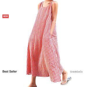Cotton Plaid Maxi Dress Loose Fit Boho Beach Sundress with Pockets
